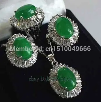 

sale FREE SHIP>>>>>Hot sell! green STONE crystal lady's earrings pendant necklace ring set size:8#