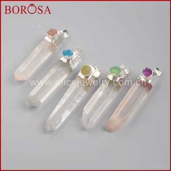 

BOROSA Pure Silver Color Natural Cluster Aura Druzy Quartz Crystal Point & Round Druzy Stone Pendant Bead SS009