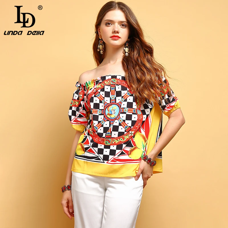 

LD LINDA DELLA Summer Fashion Tops Women's Short Sleeve Sexy Off shoulder Ruffles Floral Printed Elegant Vintage Loose T-shirt