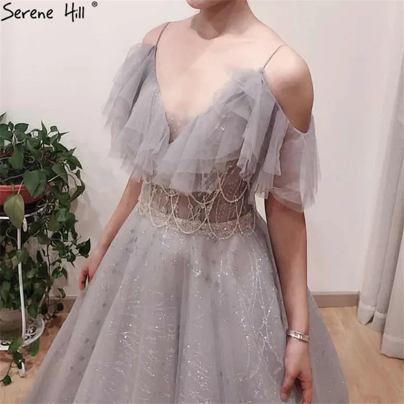 Реальное фото серое А-образное сексуальное вечернее платье с коротким рукавом, бисероплетение, кисточка, вечерние платья Serene hilm LA70112