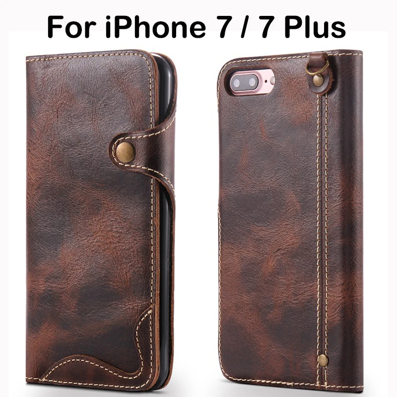Genuine Real Leather Flip Wallet Cover with Strap for iPhone 7 7 Plus Case Luxury Brand with Card Holder 360 protect for Women