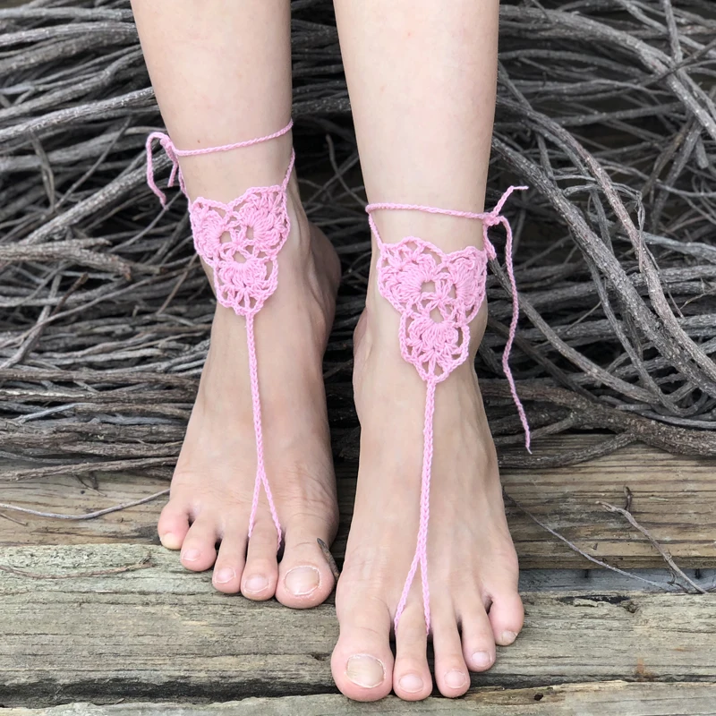 1 Pairs Trendy Handmade Crochet Barefoot Sandals Beach Yoga Anklet Jewelry Geometric Pattern Bridal Wedding Anklet Accessories