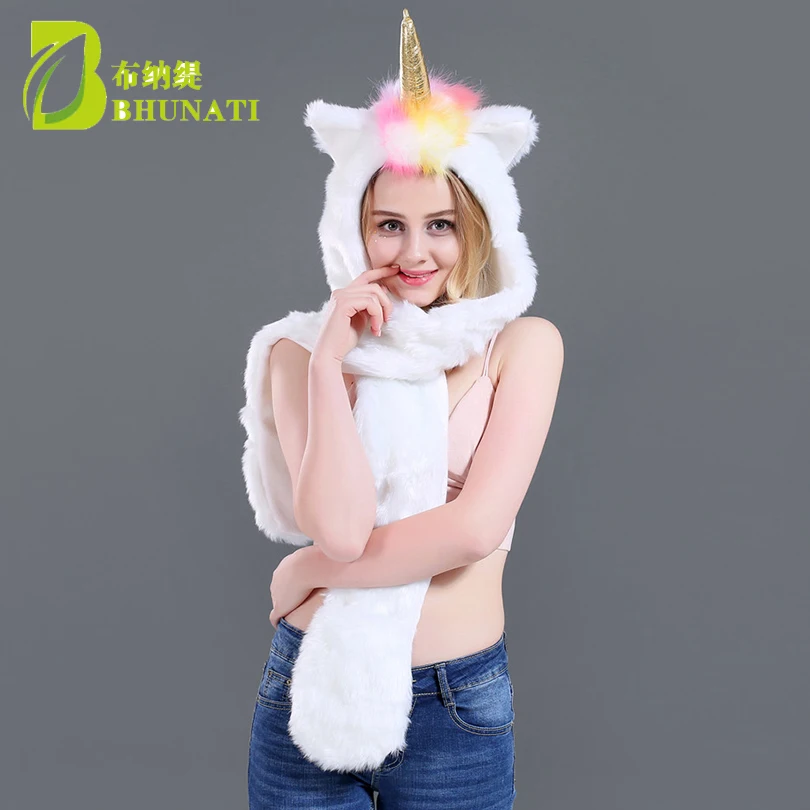 Рождество Хэллоуин 3D животное толстовки шапки зимние теплые пушистые и мягкие шапка из искусственного меха шарф 3 в 1 взрослых шапка Единорог