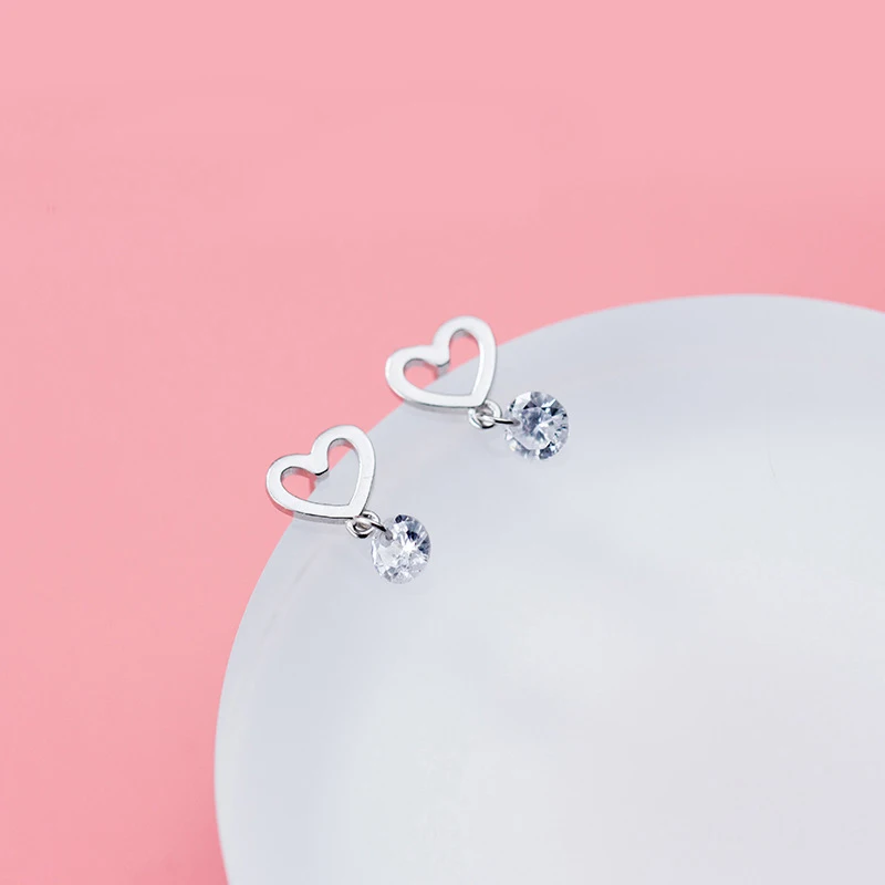 

MloveAcc 925 Sterling Silver Cute Heart Stud Earrings with CZ Zircon Charm Gilrs Earrings for Women