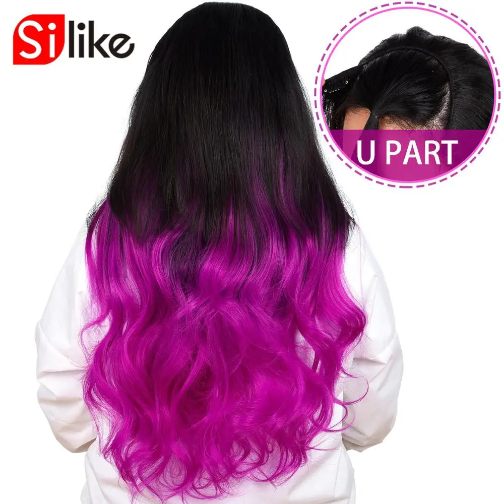  220g U Part Clips In Hair Upgrade Clip Hair Extension Synthetic Natural Wavy Hair Half Wig Blue Pin