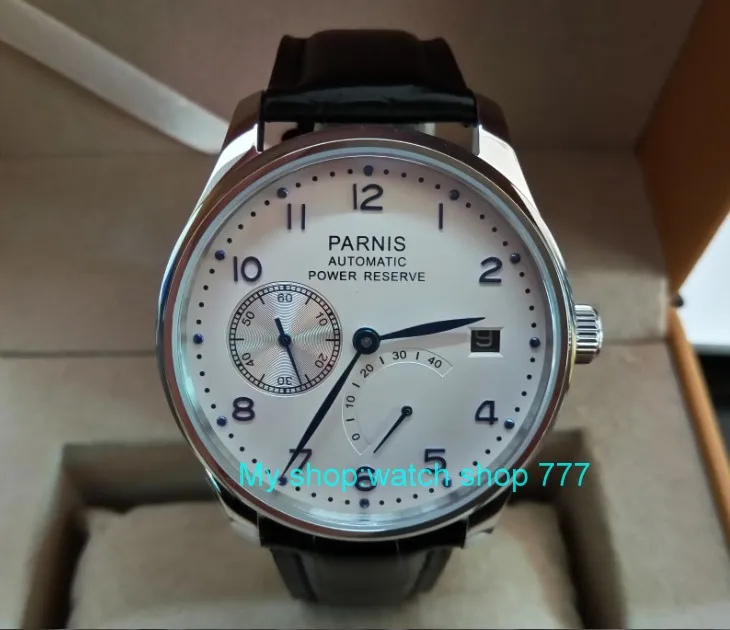

43 mm PARNIS white dial ST2530 Automatic Self-Wind movement men's watch power reserve Auto Date Mechanical Wristwatches