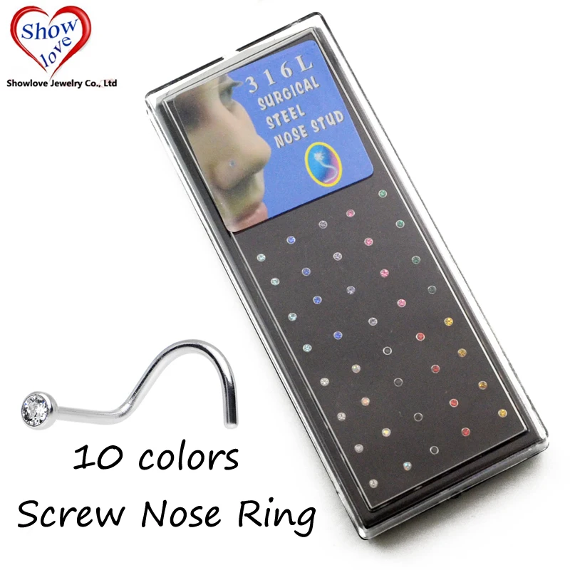 

Showlove-40Pcs хирургическая сталь CZ драгоценный камень крюк Носовая кость кольца шпильки для пирсинга смешанные 13 видов цветов ювелирные изделия для тела