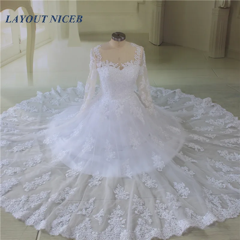 

Real Image Ball Gown vestido de noiva Illusion Long Sleeve Lace Beads Wedding Dresses 2019 robe de mariee Wedding Gowns