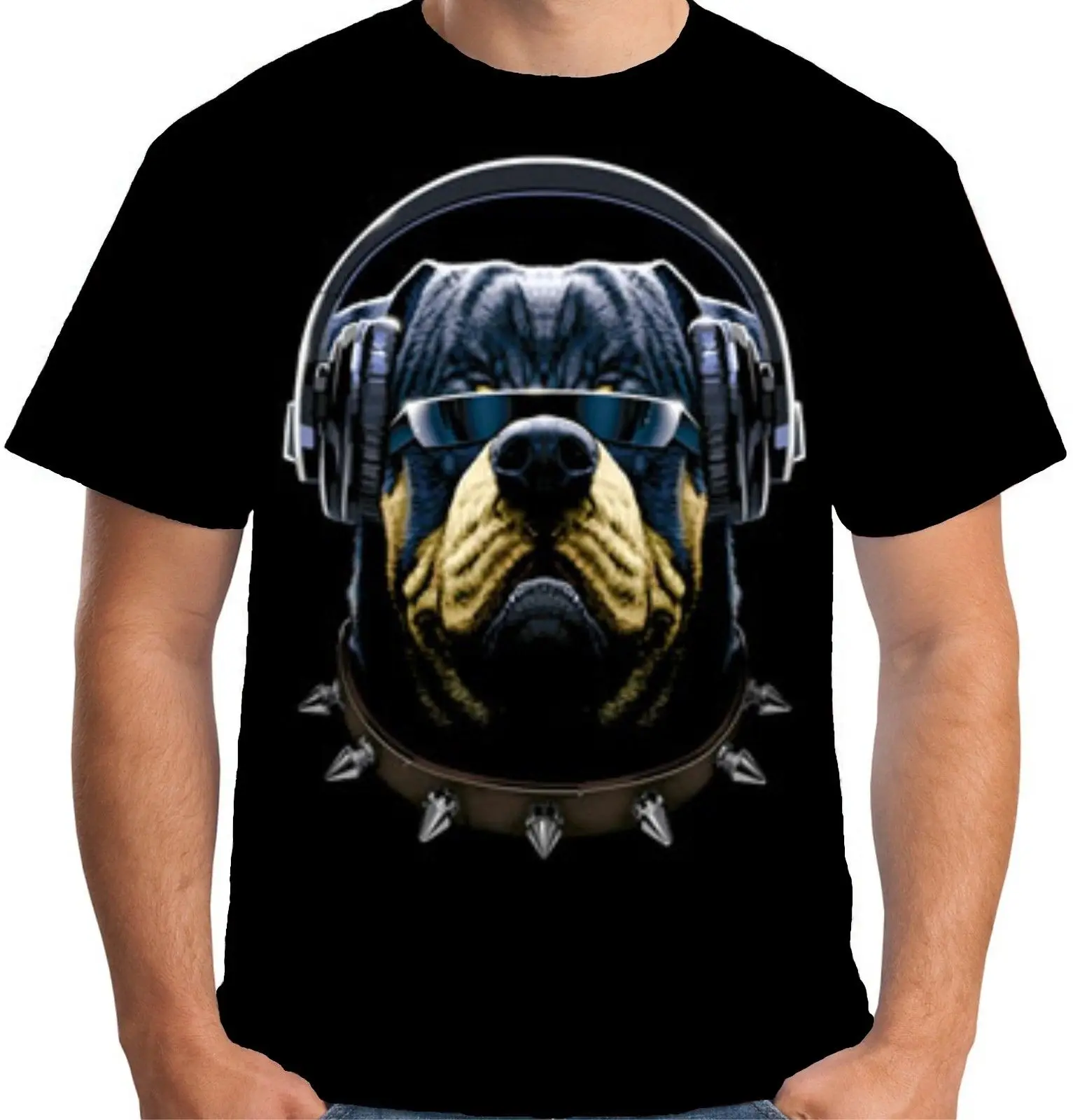 2018 Fashion New Mens Cool DJ Rottweiler T Shirt Big Dog Face Music