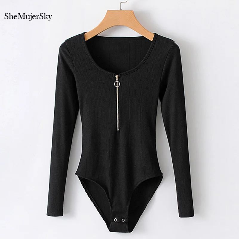 black SheMujerSky Женский Черный боди с металлической пряжкой, боди с длинным рукавом, женский комбинезон s, macacao feminino curto - Цвет: black