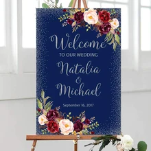 Персонализированные Добро пожаловать на нашу свадьбу приветственный знак темно-синий приветственный Свадебный знак большой приветственный знак бордовый деревянный табличка