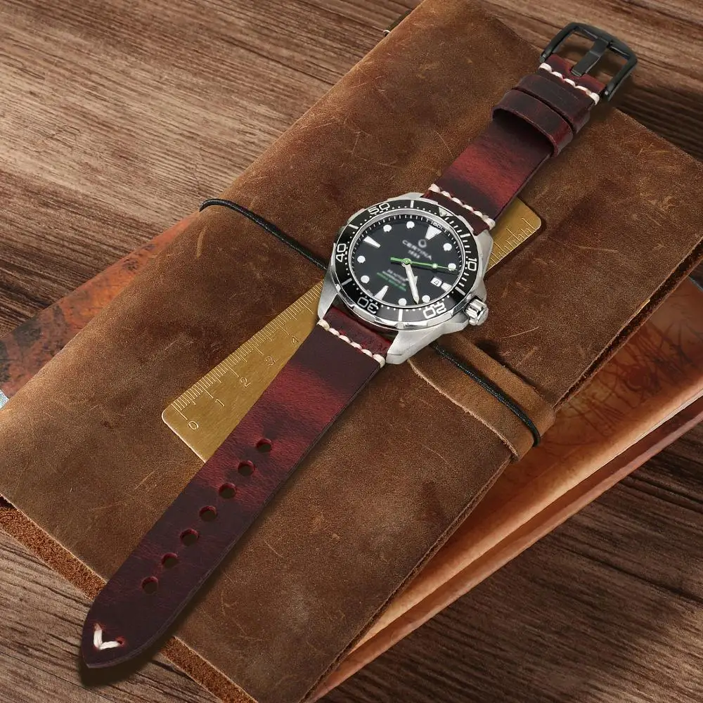 MAIKES Luxury Leather Watch Band with Steel Buckle - Retro Red Grain, 6 Color Options
