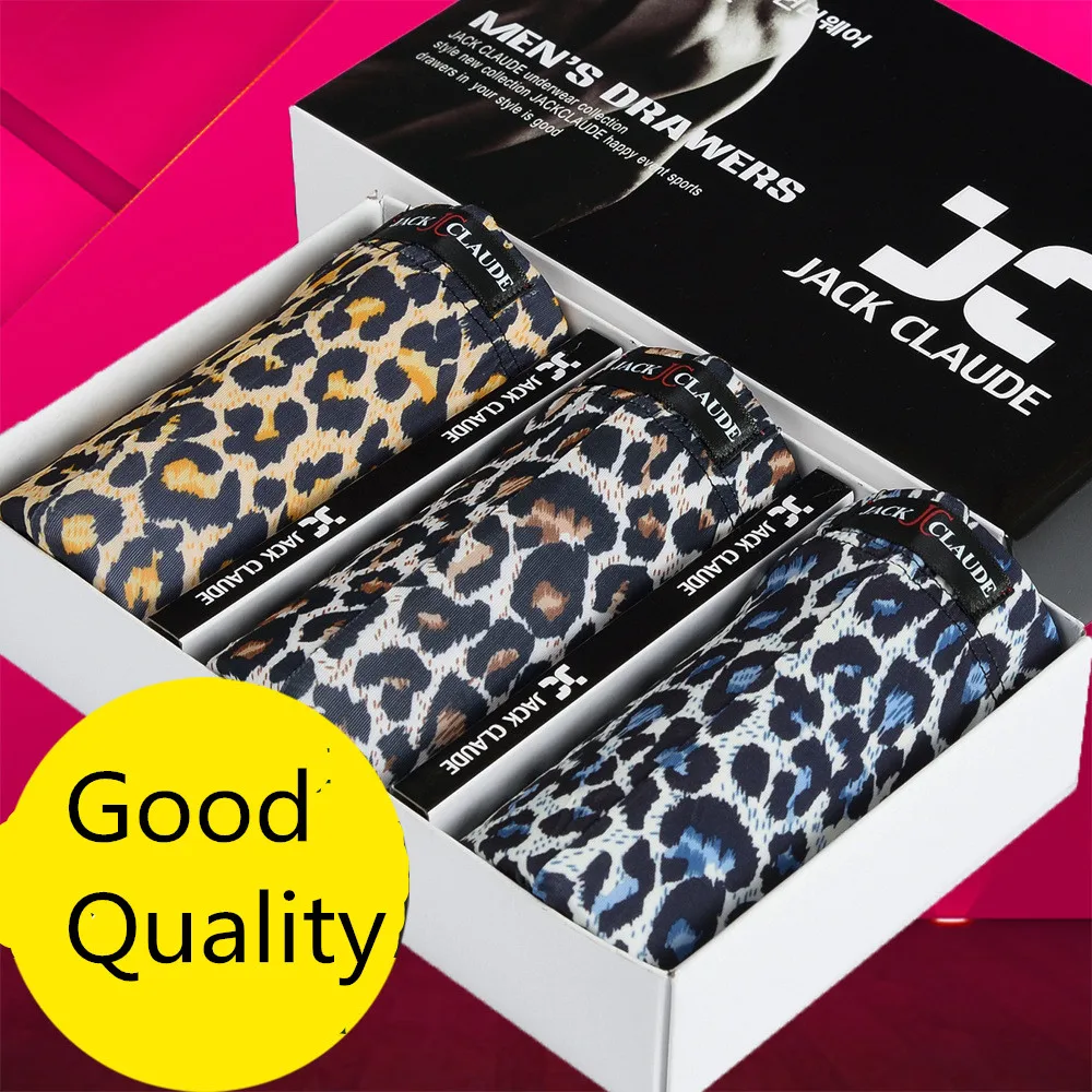 

Brand Men Underwear Ice silk Boxer Shorts sexy Leopard tiger pattern Breathable U Convex Popular Denim Pattern 3pcs