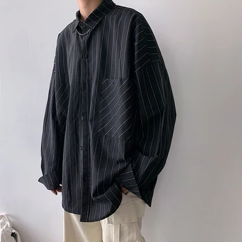 

2019 Autumn Men's Stripe Printing Hawaiian Shirt Black Color Clothes French Cuff Mens Fashion Trend White Shirts Plus Size M-2XL