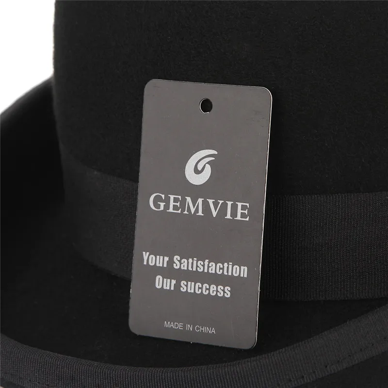 GEMVIE 4 Sizes 100% Wool Felt Black Derby Bowler Hat For Men Women Feather Satin Lining Casual Formal Fedora stetson fedora