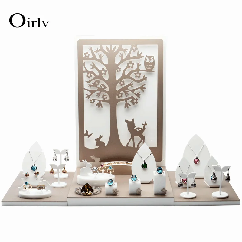 Oirlv DHL Express White Acrylic Jewelry Display Set Wood Lacquer Ring Earring Sets Necklace Displays Bracelet Stand Holder Expo