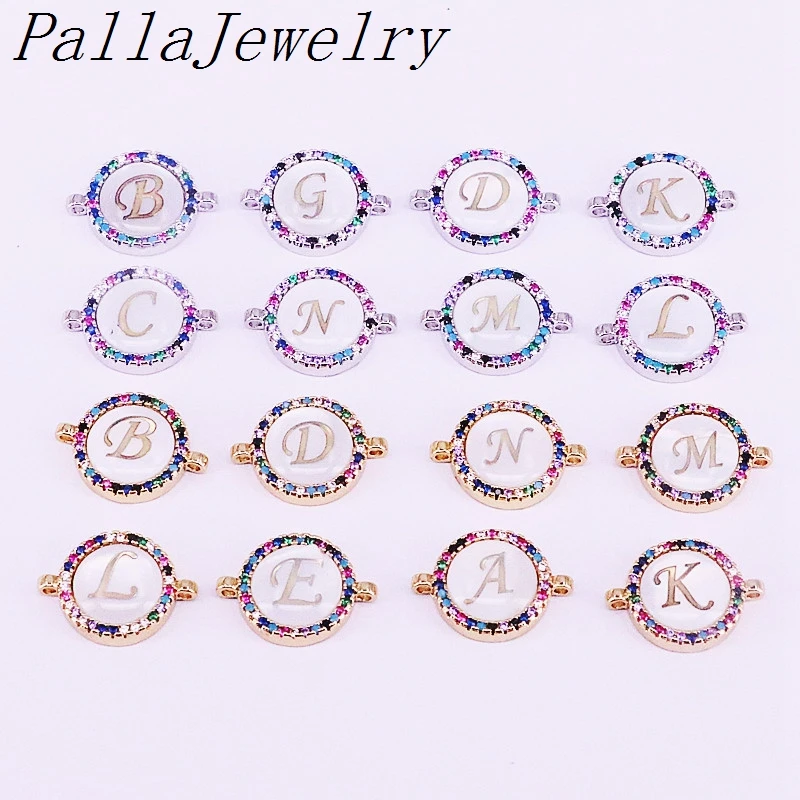 

10Pcs New Arrival Trendy Paved Colorful Cz Shell 26 Letters Round Connector Beads Fit Bracelet Jewelry Making