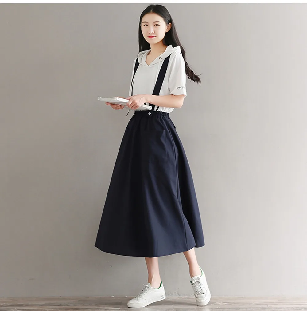 Mori Girl литературная длинная юбка Новая Летняя женская юбка со съемными лямками из хлопка и льна с карманами абрикосовая темно-синяя одежда