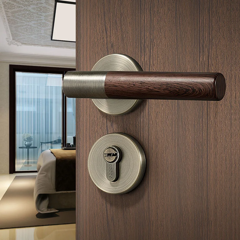  1set Antique Wood Pattern Interior Door Lock Living Room/Bedroom Black door Handle Lock Doors - 33037673440