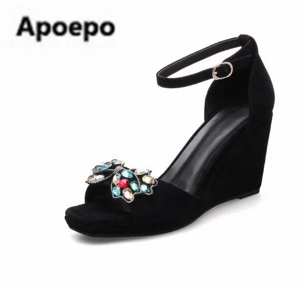 Apoepo brand black peep toe women wedges shoes Color crystal butterfly-knot platform high heels sandals women gladiator shoes moraima snc gladiator shoes black peep toe women wedges shoes color crystal butterfly knot platform high heels sandals women