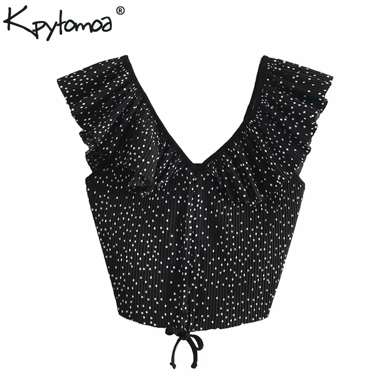 

Vintage Sexy Polka Dot Ruffled Cropped Tops Women Blouses 2019 Fashion V Neck drawstring Pleated Shirts Casual Blusas Mujer