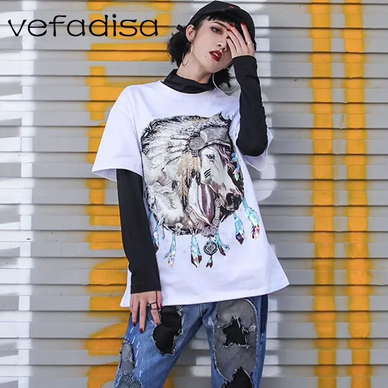 

Vefadisa Horse Pattern Print Shirt 2018 Summer Clothes Casual Tops & Tees Black Shirt with Sequin Women Beading Shirt AD1317