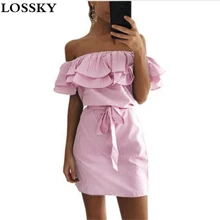 Lossky Musim Panas Gaun 2018 wanita Striped Dresses Sexy Ruffle Vestido Kasual Gaya Perban Cukup Sundress Wanita Musim Panas Dengan Sabuk