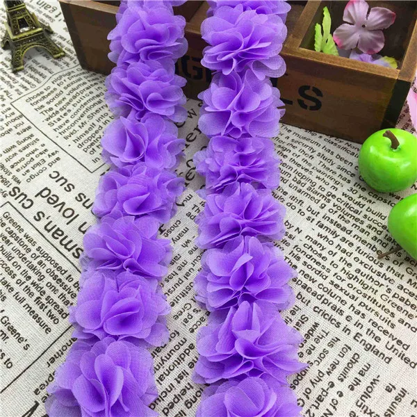 1Yard 12 colors Flower 3D Chiffon Lace Trim Ribbon Fabric for Applique Sewing Wedding Dress Decoration Accessories Supplies 5cm - Цвет: purple