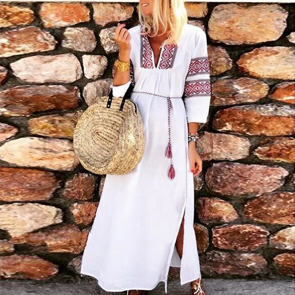 dresses woman party night plus size Women Vintage Summer Print Belt V-Neck Long Sleeves Loose Casual Maxi Dress#G9
