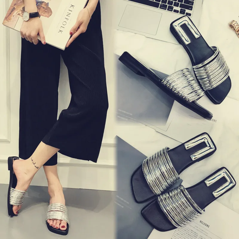 

2017 New Tide Slippers Spring Summer Square Toe Narrow Band Chic Casual Women Slippers Designer Mujer Shoes Metal Color Street