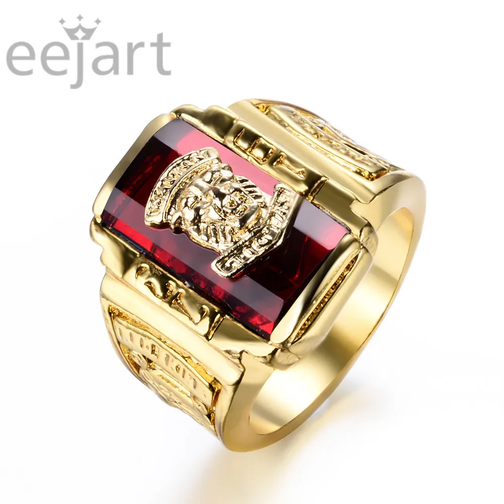 eejart New Big Red Stone Rings for Men Jewelry Cool Gold Color Large