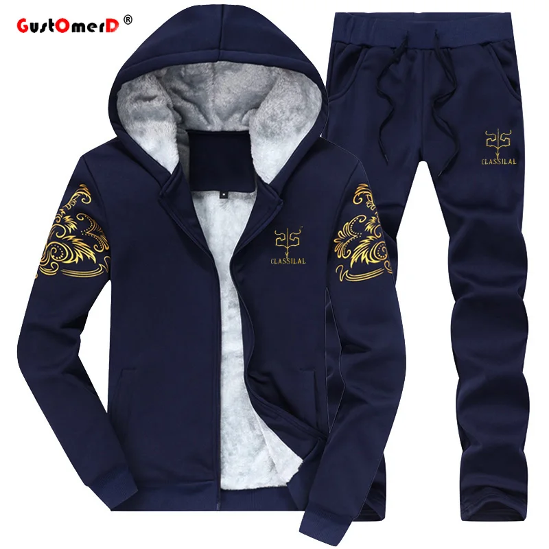 GustOmerD Fashion Brand Tracksuit Men College Wind Winter Plus Velvet Warm Slim Fit Sporting Suit Mens