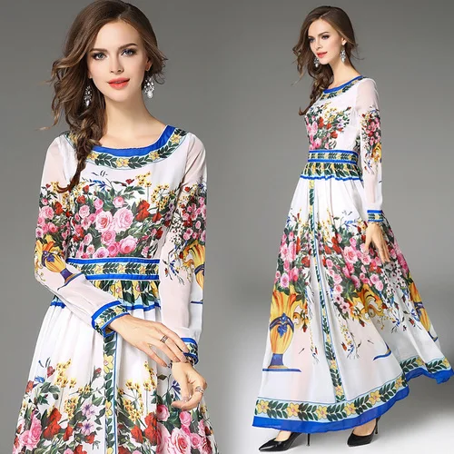 

women long dress hot 2018 autumn winter russian style print dress long elegant vestidos Party Dress Women