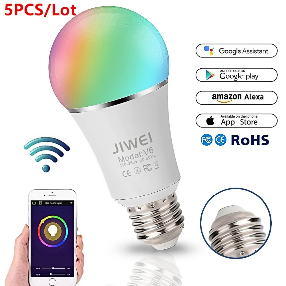 5PCS Wifi Smart LED Light Bulb Smart Bulb Multicolored Dimmable Bulb