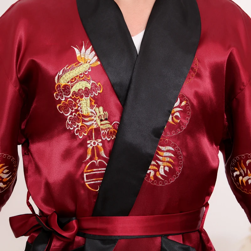 Two Side Dragon Men's Satin Kimono Robe Gown Black Red Reversible Bath Gown Casual Nightwear Sleepwear With Belt One Size Two Side Dragon Men's Satin Kimono Robe Gown Black Red Reversible Bath Gown Casual Nightwear Sleepwear With Belt One Size