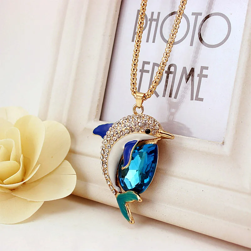 2018 Women Necklace Cute Blue Dolphin Pendant Studded Cubic Zirconia