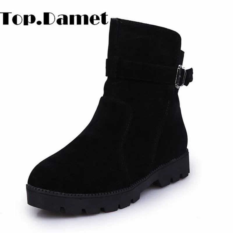 

Top.Damet Snow Boots Women Leather Buckle Strap Ankle Boots Winter Fashion Fur Plush Flats Short Boots Plus Size Casual Shoes