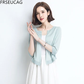

FRSEUCAG 2020 summer new sweater round neck air conditioning shirt short section of thin section of fashionable female cardigan
