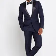 Итальянский стиль темно-синий смокинги для жениха черные лацкан мужские свадебные костюмы для выпускного вечера из 2 предметов шафер Жених костюм Terno