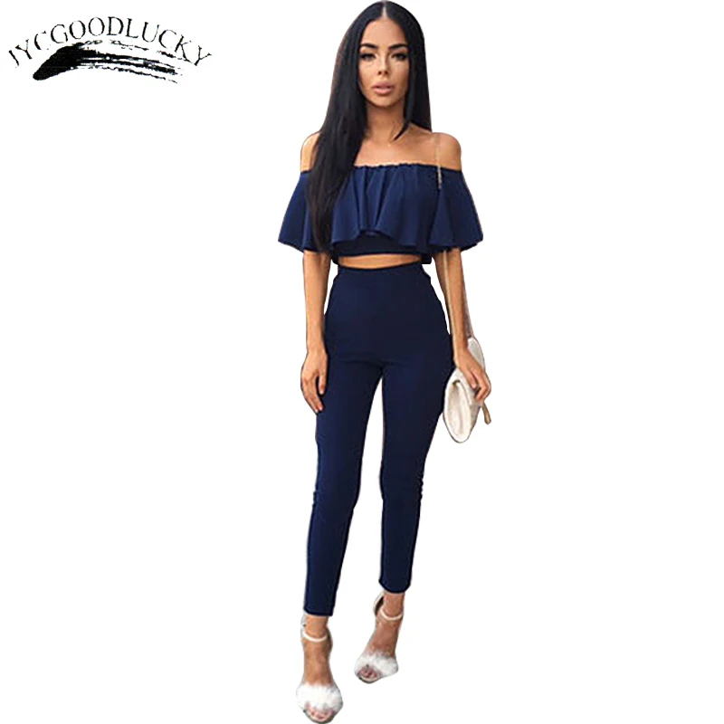 

Fashion Ruffles Cropped Top And Pants Ankle Length Pants Spring Wearing Slash Neck Sexy Elegant Women 2 Piece Sets Plus Size
