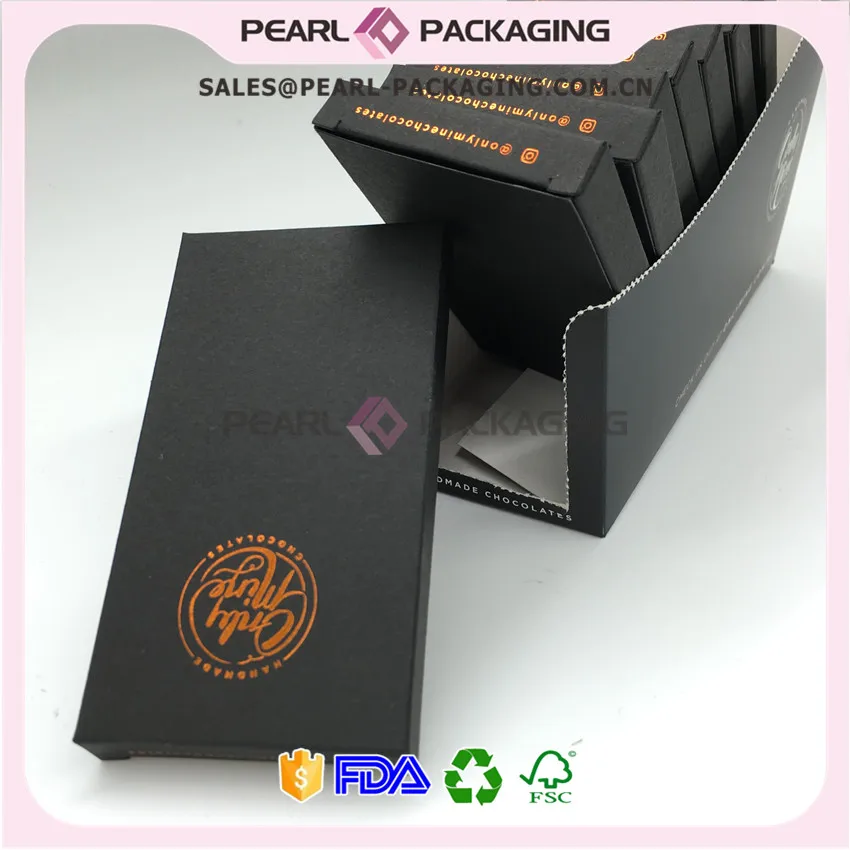 Заказная коробка для шоколадных батончиков, Заказная черная карточка Brozne Foiling Tuck End Box, упаковочная коробка для шоколадных батончиков 1000 шт./лот