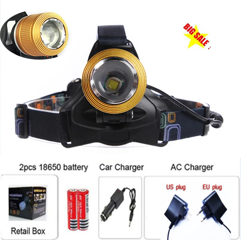 18650 Headlamp 2000 Lumens T6 LED Lamp Waterproof Headlamp Zoomable