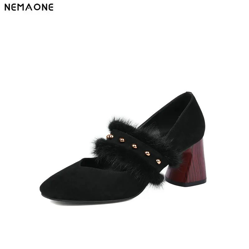 

NEMAONE Suede leather high heels mary janes spring autumn shoes woman elegant pumps women shoes genuine leather high heel shoes