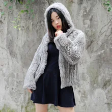 CX-G-A-44, натуральный цвет, ручная работа, натуральный кроличий мех, вязаная куртка с капюшоном