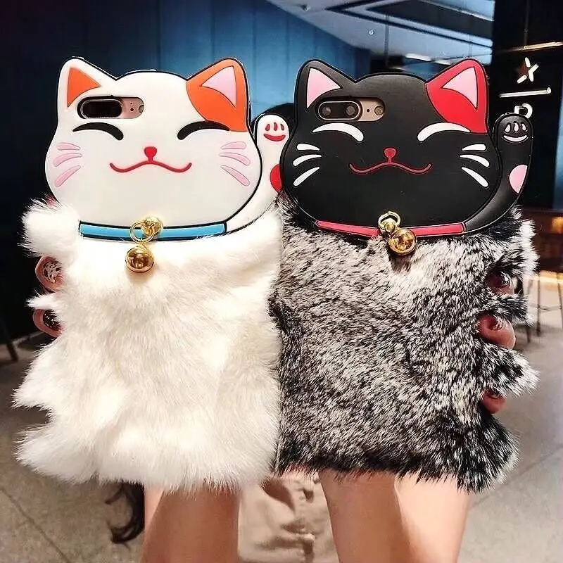 

Lovely Warm Lucky Cat Rabbit Fur Phone Case For iPhone X 6 6S Plus 7 7Plus 8 Plus Cute Lucky Cat Furry Soft TPU hair Back Cover