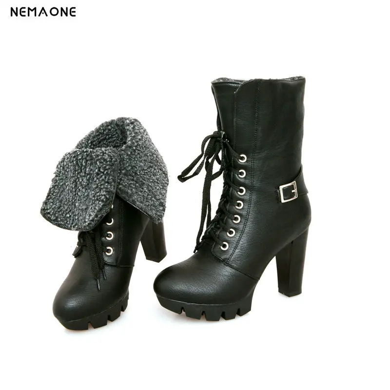 

New high Heels women ankle snow boots winter warm ladies shoes lace up party dress wedding shoes woman large Size 43
