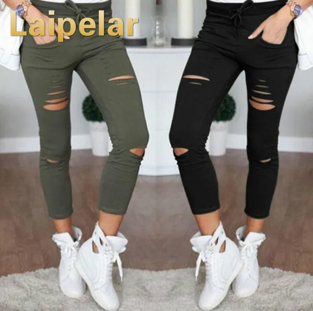 US $5.99 New 2018 Skinny Jeans Women Denim Pants Holes Destroyed Knee Pencil Pants Casual Trousers Black Whi