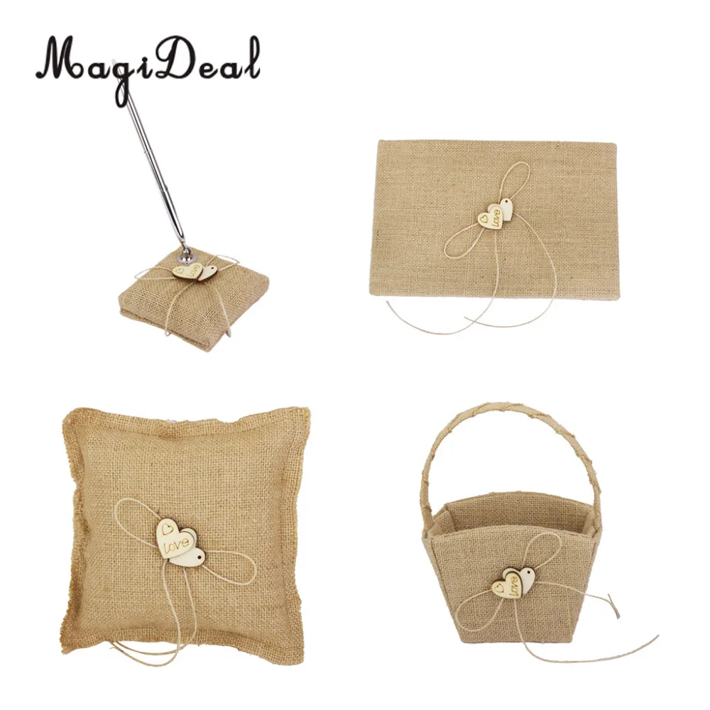 

MagiDeal Burlap Hessian Ring Pillow Cushion Guest Book Pen Stand Heart Flower Basket Wedding Set Wedding Party Decorations