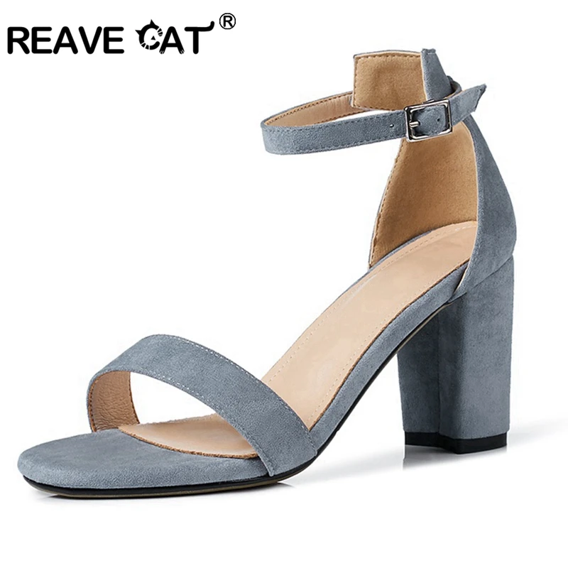 

REAVE CAT Sandals for woman High heel Ladies shoes Square heel Flock Buckle Cover heel Solid Buckle Summer Red Blue Black A1865