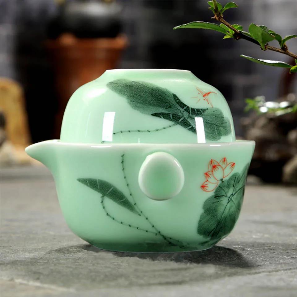 BORREY Celadon Gaiwan дорожный чайный сервиз, китайский фарфоровый чайный горшок, Набор чашек, керамический гайвань, чайный горшок, портативный чайный набор кунг-фу, Чайник Пуэр